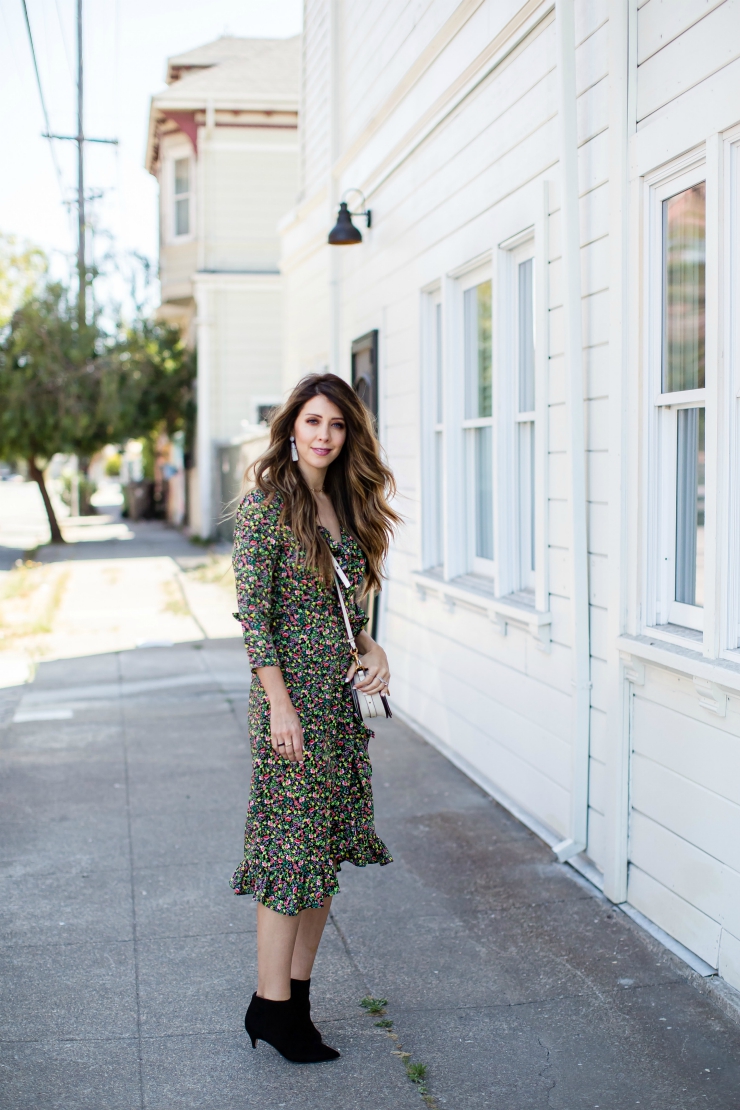 Floral Dress, Ruffle Dress, Black Sam Edelman Booties, Nordstrom, Fall Look, Chloe Nile Crossbody Bag  - The Perfect Black Booties styled by popular San Francisco style blogger, The Girl in The Yellow Dress