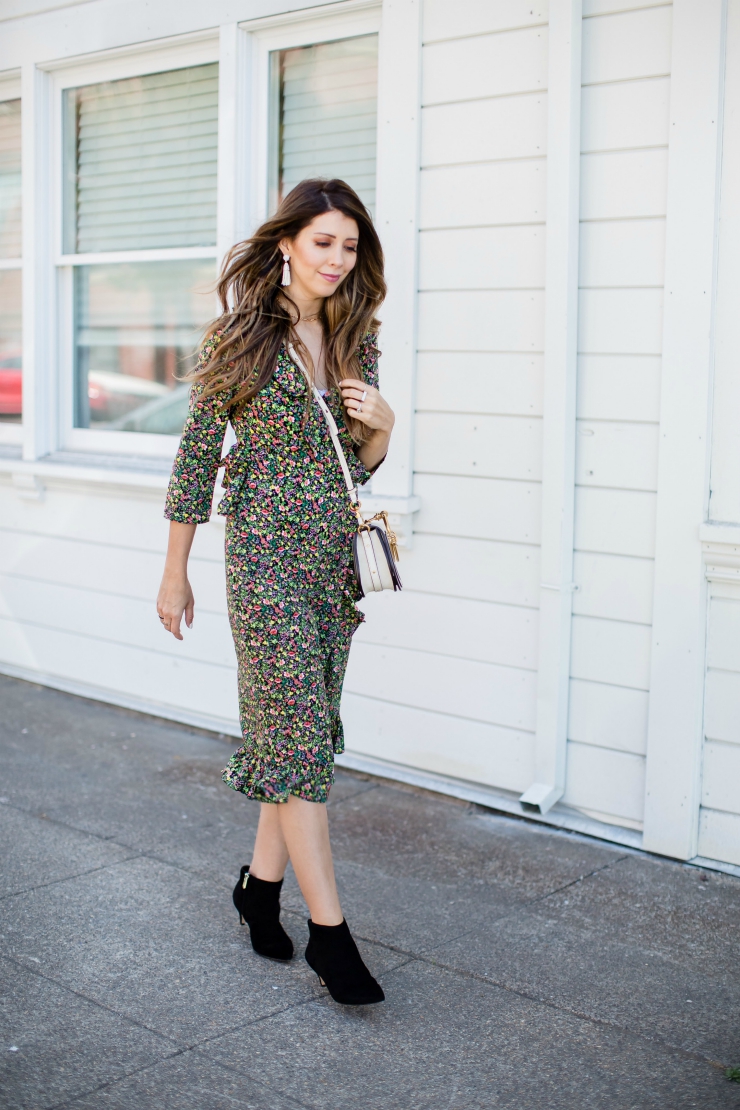 Floral Dress, Ruffle Dress, Black Sam Edelman Booties, Nordstrom, Fall Look, Chloe Nile Crossbody Bag  - The Perfect Black Booties styled by popular San Francisco style blogger, The Girl in The Yellow Dress