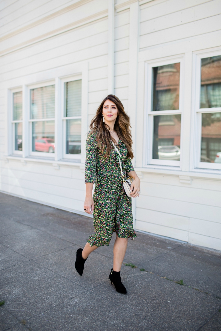 Floral Dress, Ruffle Dress, Black Sam Edelman Booties, Nordstrom, Fall Look, Chloe Nile Crossbody Bag  - The Perfect Black Booties styled by popular San Francisco style blogger, The Girl in The Yellow Dress