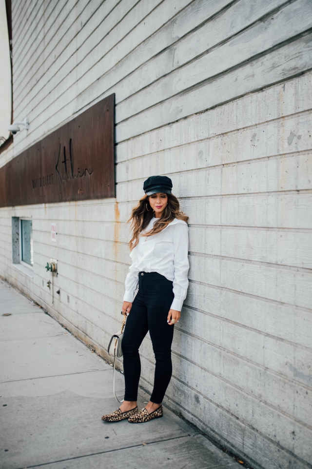 Nordstrom, Sam Edelman, White Ruffle Blouse, Black Topshop Skinny Jeans, Chloe Bag, Leopard Shoes - Sam Edelman at Nordstrom featured by popular San Francisco fashion blogger, The Girl in The Yellow Dress 