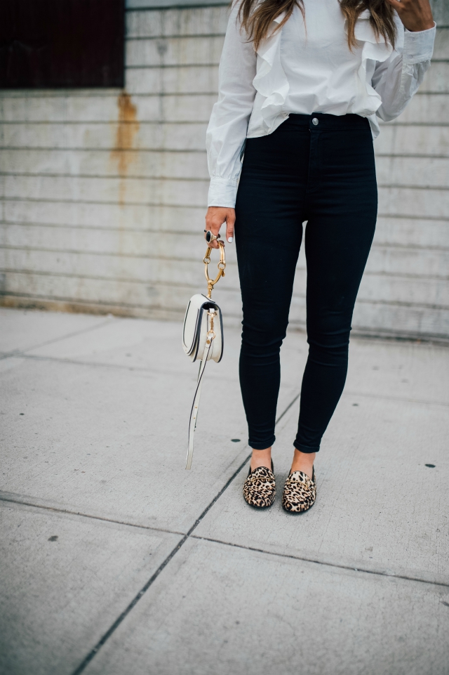 Nordstrom, Sam Edelman, White Ruffle Blouse, Black Topshop Skinny Jeans, Chloe Bag, Leopard Shoes  - Sam Edelman at Nordstrom featured by popular San Francisco fashion blogger, The Girl in The Yellow Dress