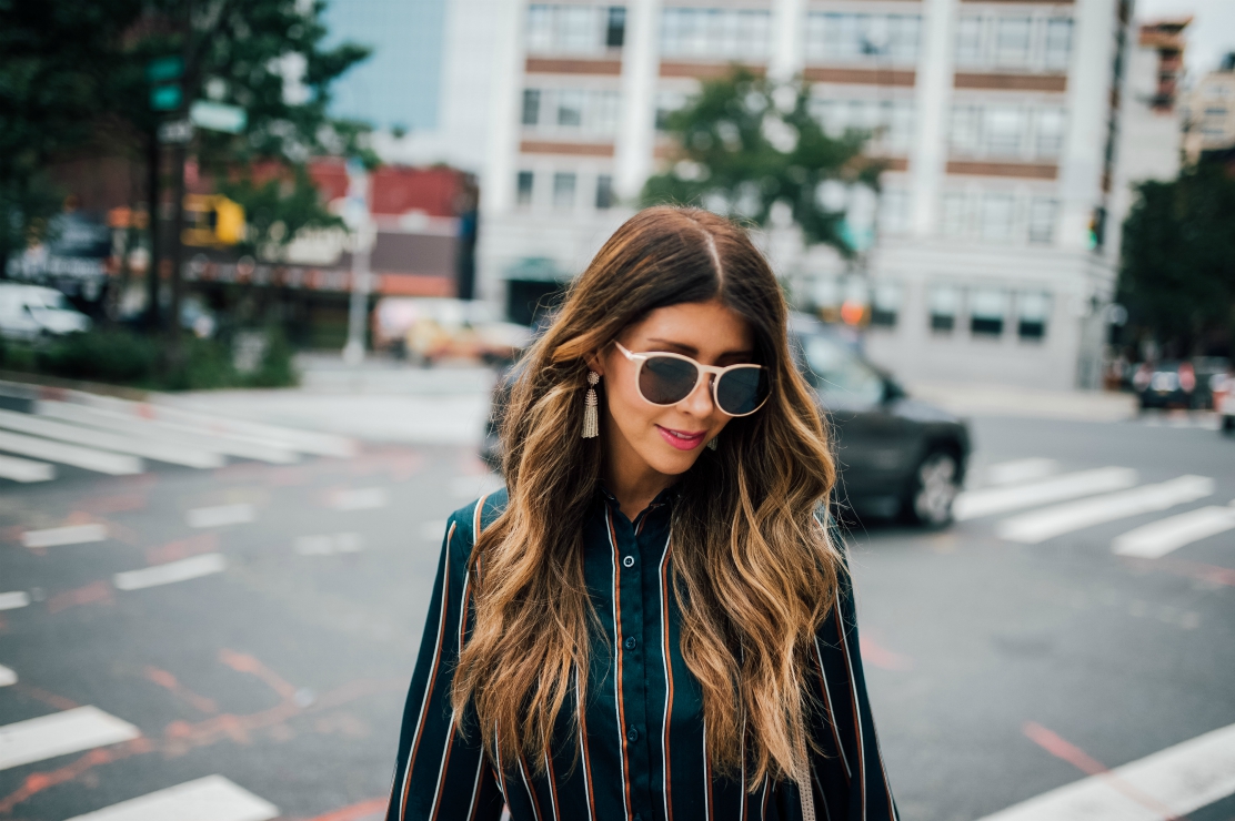 Gold Framed Sunnies, White Tassel Earrings