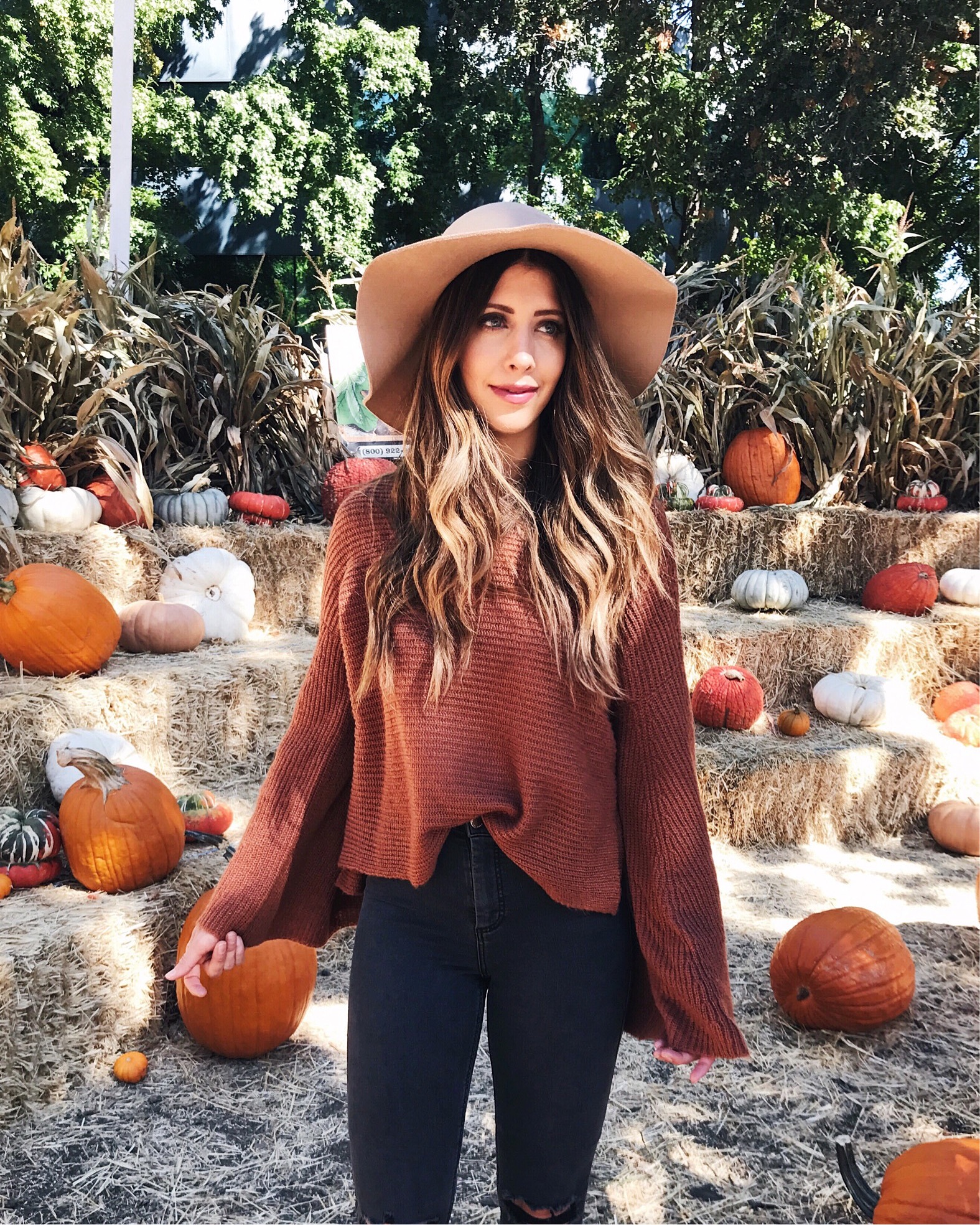 Fall Fashion, Flare Sleeve Sweater, Floppy Hat, Pumpkin Patch