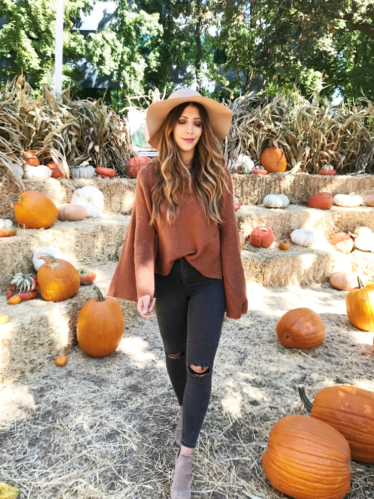 Fall Fashion, Flare Sleeve Sweater, Floppy Hat, Pumpkin Patch