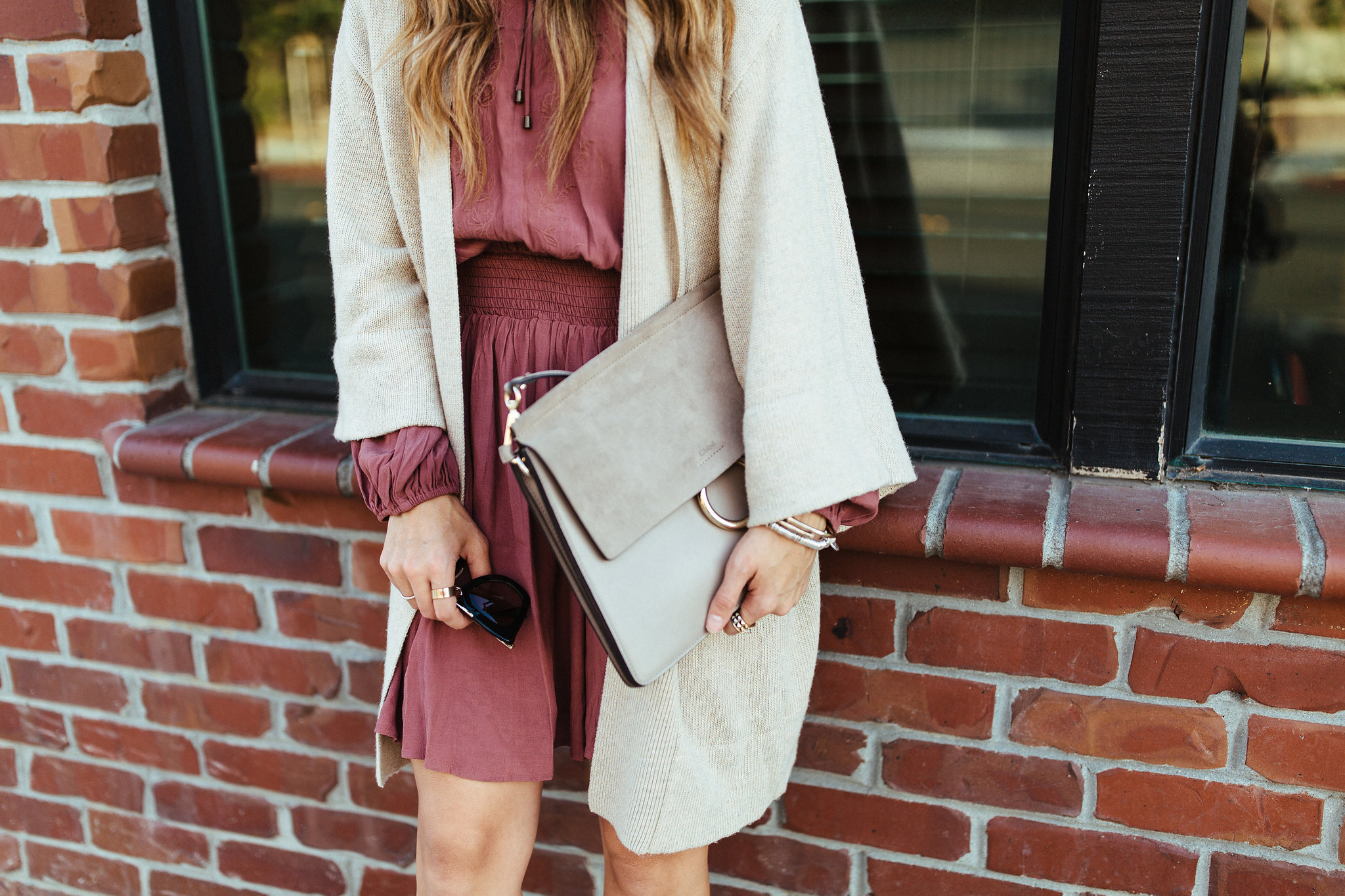 Fall Fashion, Hair, Cardigan, Dress, Hat, Grey Booties, Chloe Shoulder Bag