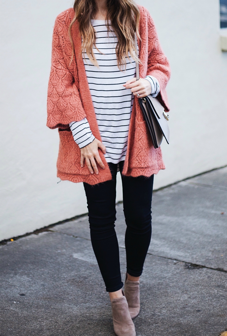 Chicwish Cardigan, Striped Long Sleeve Top, Black Felt Hat, Chloe Faye Shoulder Bag, Black Topshop Skinny Jeans, Taupe Ankle Booties