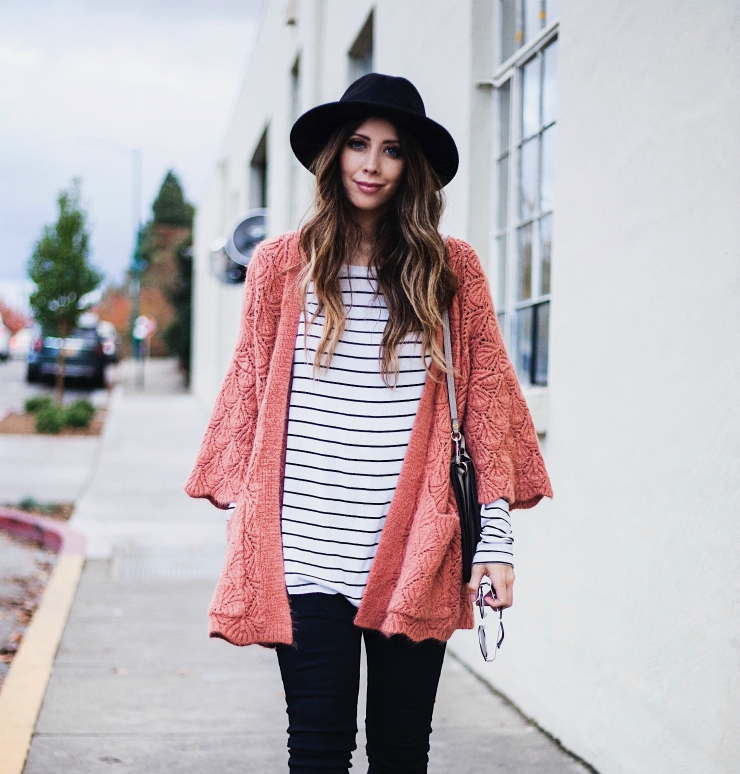 Chicwish Cardigan, Striped Long Sleeve Top, Black Felt Hat, Chloe Faye Shoulder Bag, Black Topshop Skinny Jeans