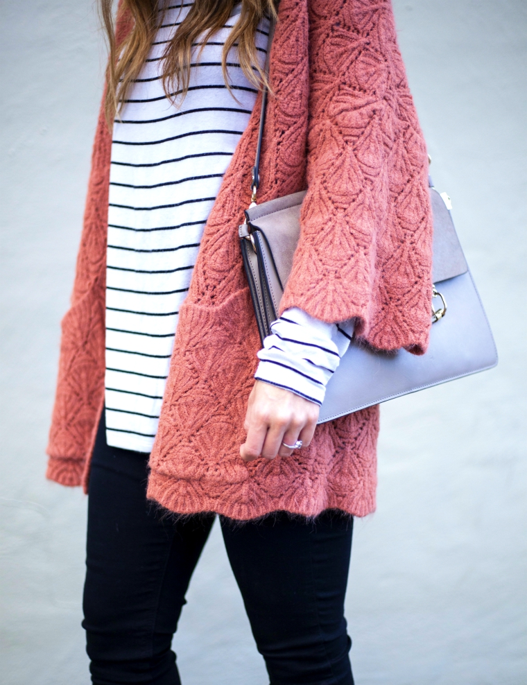 Chicwish Cardigan, Striped Long Sleeve Top, Black Felt Hat, Chloe Faye Shoulder Bag, Black Topshop Skinny Jeans, Taupe Ankle Booties