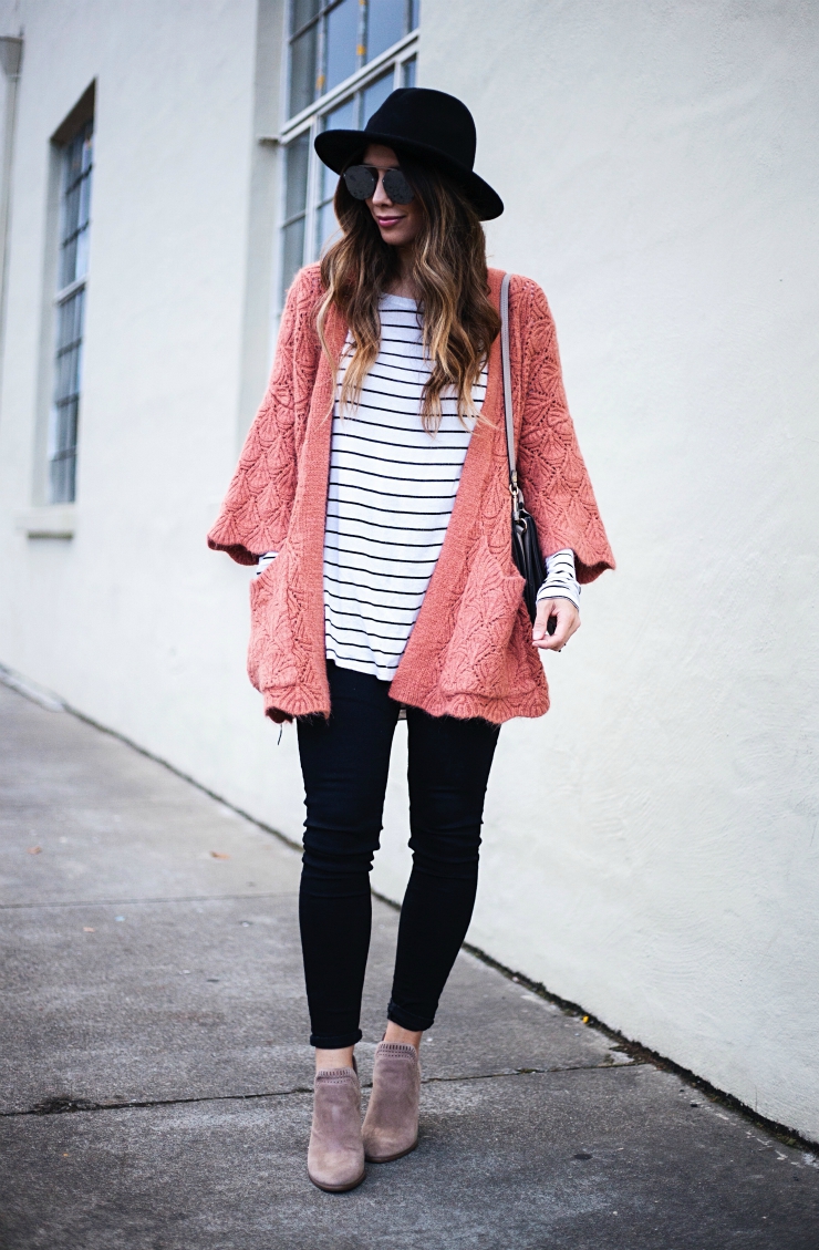 Chicwish Cardigan, Striped Long Sleeve Top, Black Felt Hat, Chloe Faye Shoulder Bag, Black Topshop Skinny Jeans, Taupe Ankle Booties