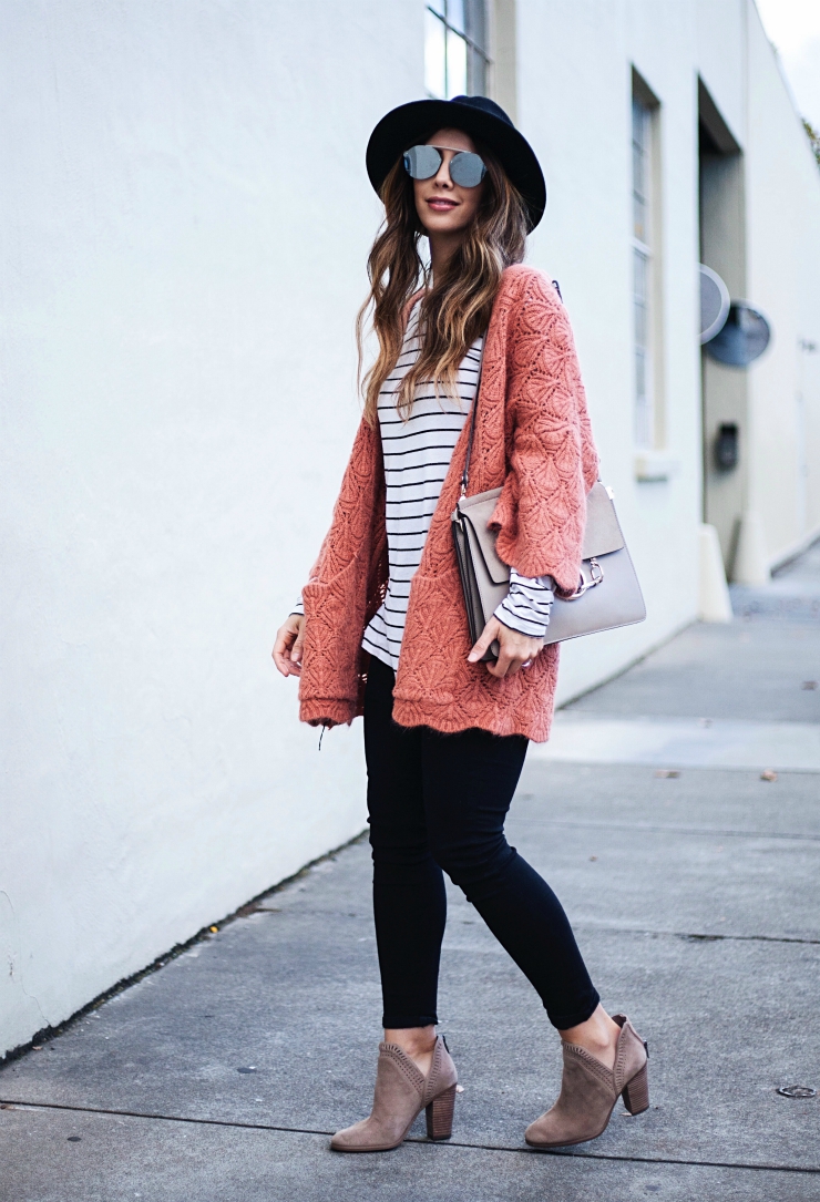 Chicwish Cardigan, Striped Long Sleeve Top, Black Felt Hat, Chloe Faye Shoulder Bag, Black Topshop Skinny Jeans, Taupe Ankle Booties