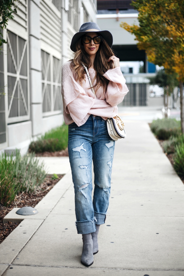 Chicwish ruffle sweater, Ruffle sweater, Distressed Boyfriend Jeans, Grey Sock Booties, Grey Hat, Chloe Nile Shoulder Bag