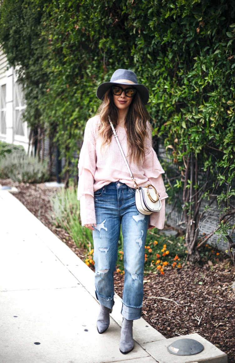 Chicwish ruffle sweater, Ruffle sweater, Distressed Boyfriend Jeans, Grey Sock Booties, Grey Hat, Chloe Nile Shoulder Bag