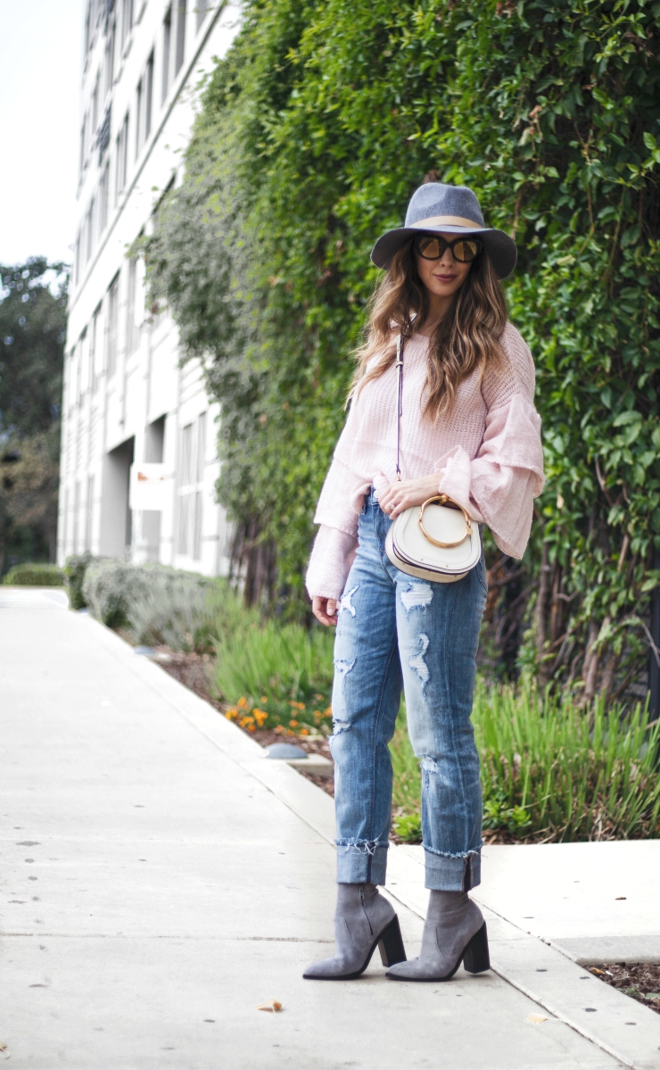 Chicwish ruffle sweater, Ruffle sweater, Distressed Boyfriend Jeans, Grey Sock Booties, Grey Hat, Chloe Nile Shoulder Bag