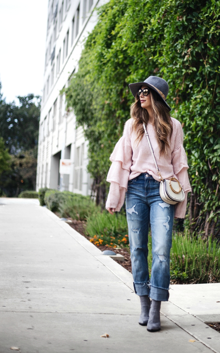 Chicwish ruffle sweater, Ruffle sweater, Distressed Boyfriend Jeans, Grey Sock Booties, Grey Hat, Chloe Nile Shoulder Bag