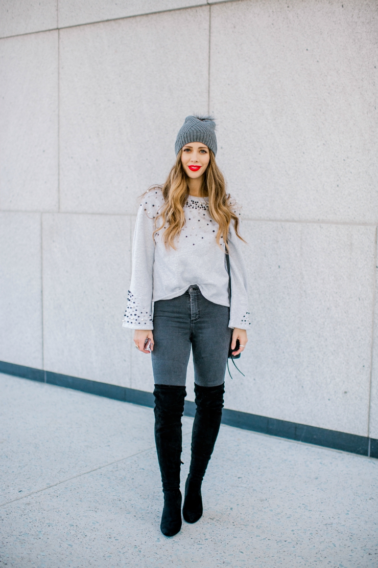 Pearl Sweater. OTK Boots, Grey Skinny Jeans, Nordstrom 