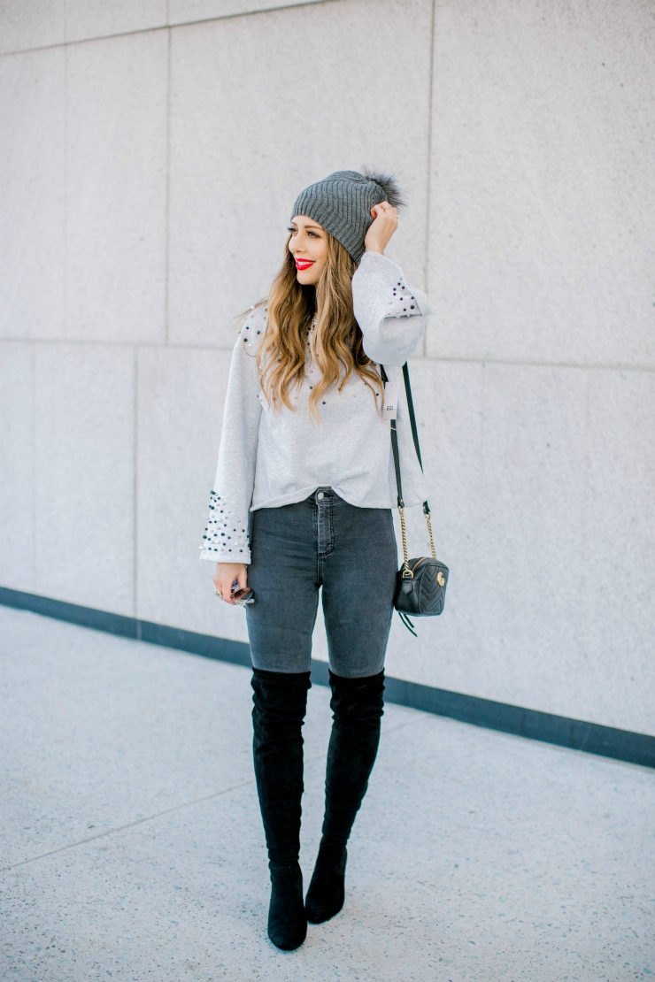 Pearl Sweater. OTK Boots, Grey Skinny Jeans, Nordstrom 