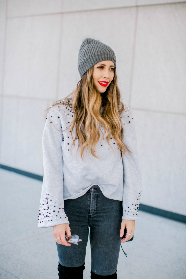 Pearl Sweater. OTK Boots, Grey Skinny Jeans, Nordstrom 