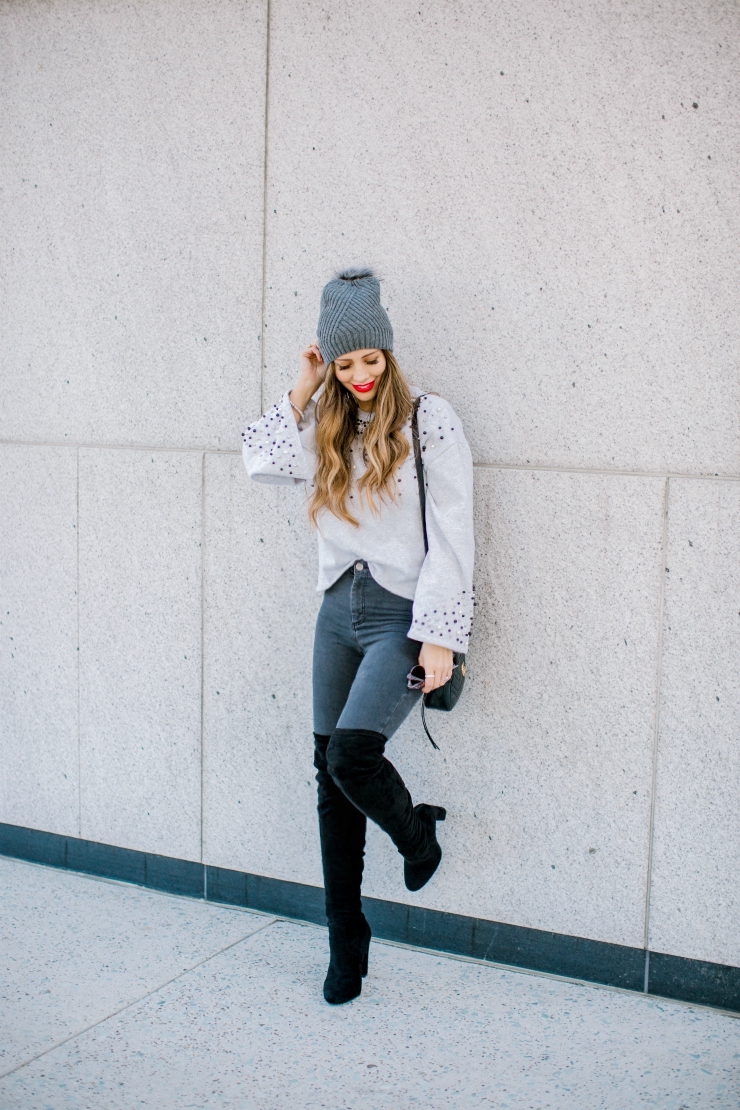 Pearl Sweater. OTK Boots, Grey Skinny Jeans, Nordstrom 