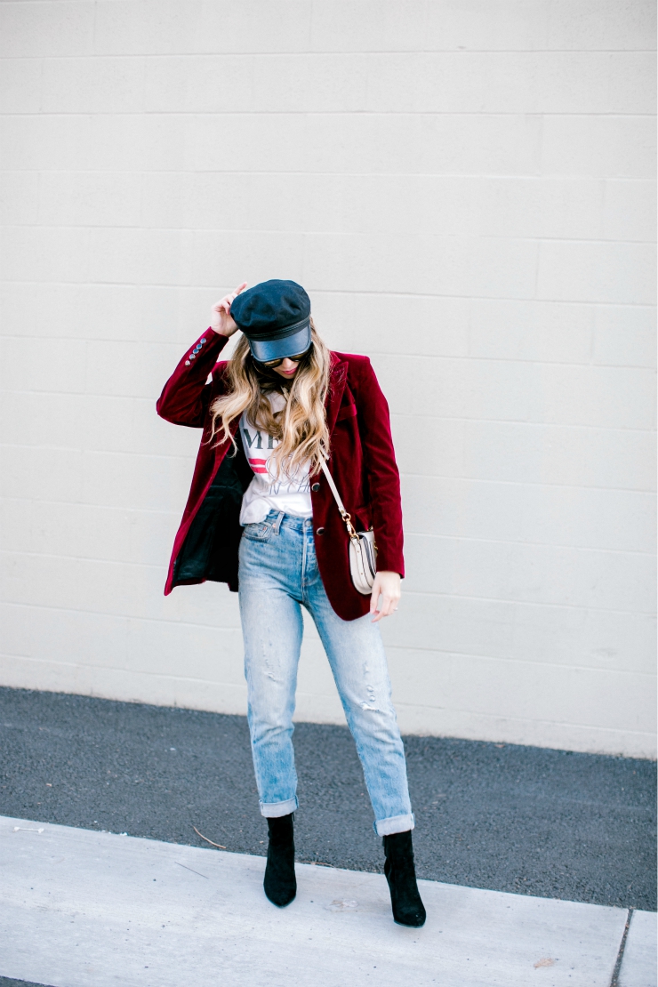 Cute Valentines Day Tops featured by top US fashion blog, The Girl in the Yellow Dress: image of a woman wearing a red Chicwish blazer, a TOPSHOP graphic tee, Levi’s mom jeans, Chloe bag, Brixton fiddler cap, Free People sunglasses and Jeffrey Campbell booties