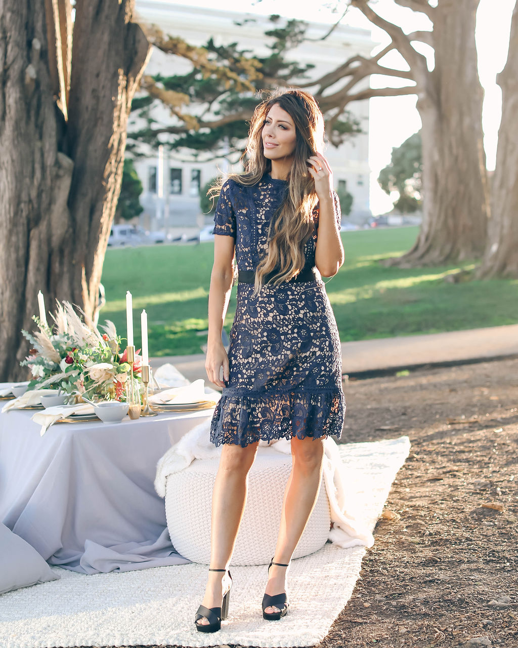 Girls Trip to San Francisco featured by top US fashion blog The Girl in the Yellow Dress; Image of woman wearing navy lace dress from Vici