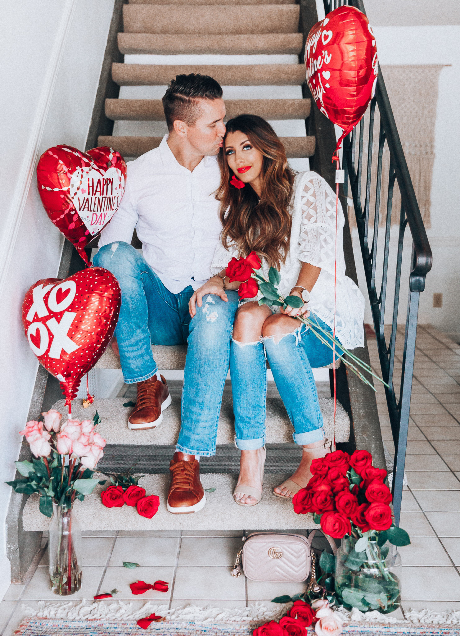 Valentine's Day Gifts for Him and Her by popular San Francisco life and style blog, The Girl in the Yellow Dress: image of a man and woman wearing a Chic Wish Summer Lovin' Embroidered Dolly Top, ShopBop Levi's 721 High Rise Distressed Skinny Jeans, Nordstrom Sam Edelman Yaro Ankle Strap Sandal, Nordstrom Gucci Matelassé Leather Shoulder Bag, Nordstrom Topman Classic Fit Button-Up Shirt, Old Navy Slim Built-In Flex Distressed Jeans For Men, and Nordstrom Cole Haan GrandPro Low Top Sneaker.