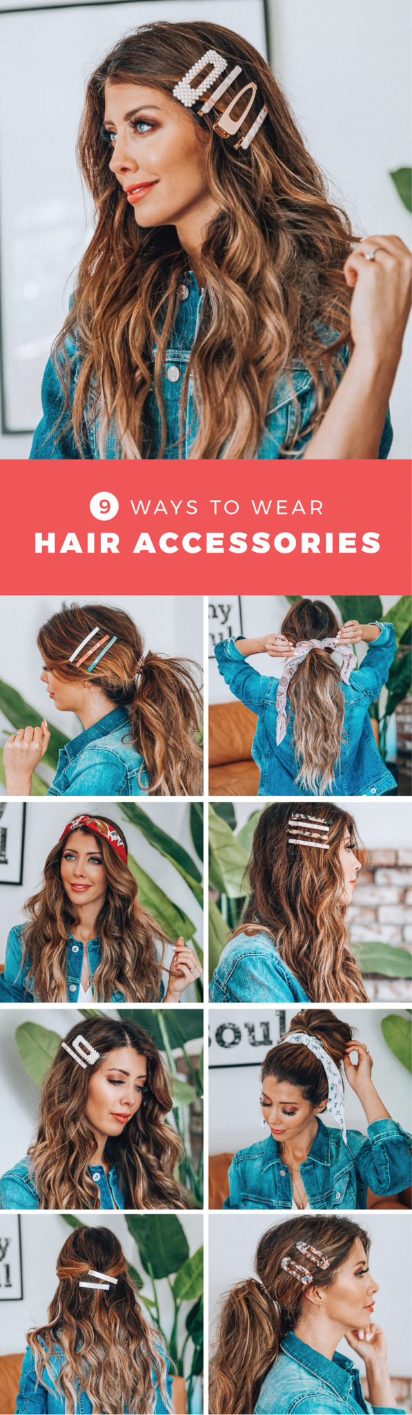 Hair Accessories for Long Hair featured by top US fashion blog The Girl in the Yellow Dress; Image of a woman wearing a denim jacket.