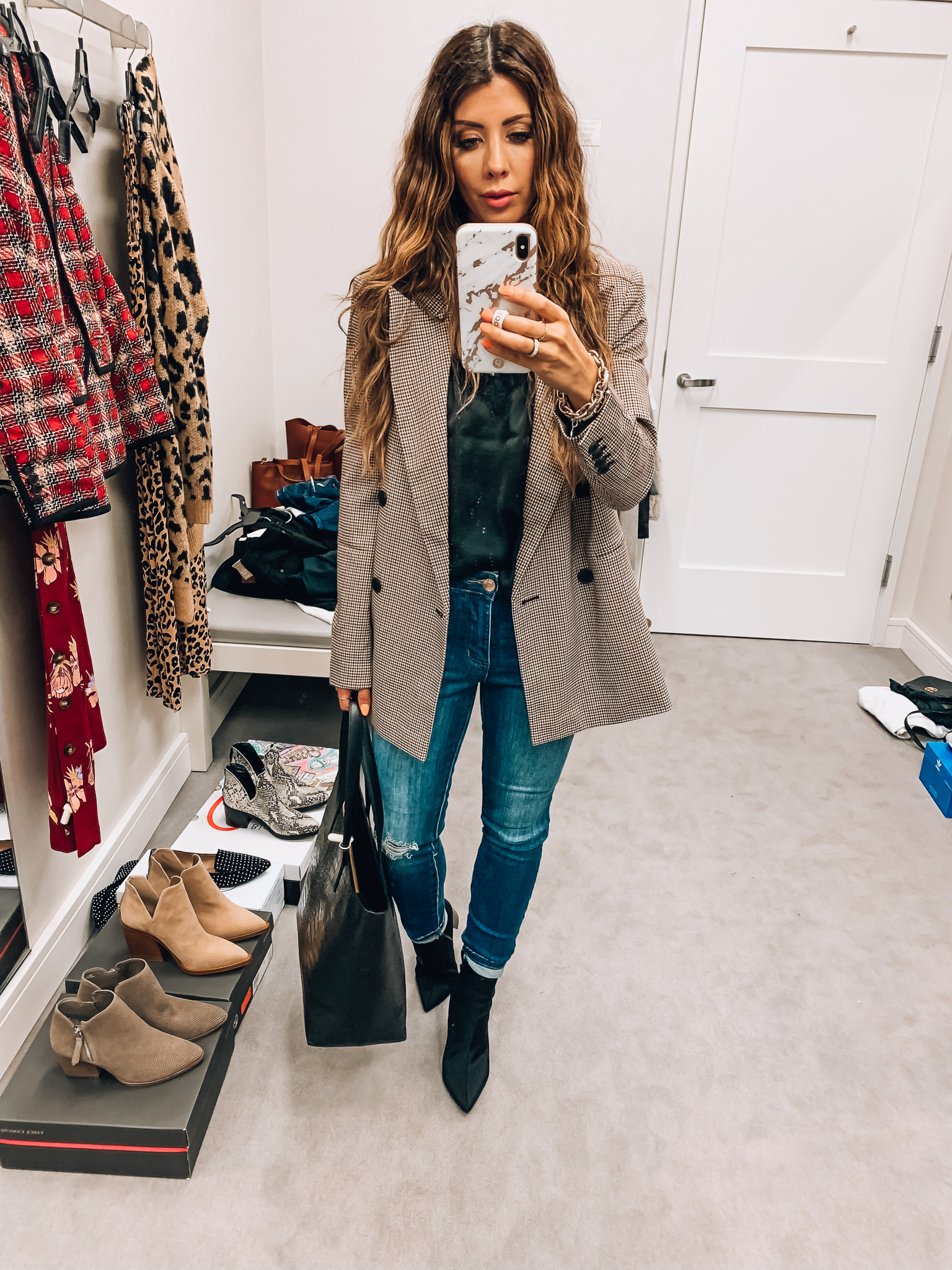 Nordstrom Anniversary Sale Early Access! by popular San Francisco fashion blog, The Girl in the Yellow Dress: image of a woman standing inside a Nordstrom dressing room wearing a Chelsea28 Double Breasted Plaid Blazer, BP. Lace Trim Satin Camisole Top, Frame Le High Waist Skinny Jeans, and Jeffrey Campbell Raven Bootie. 