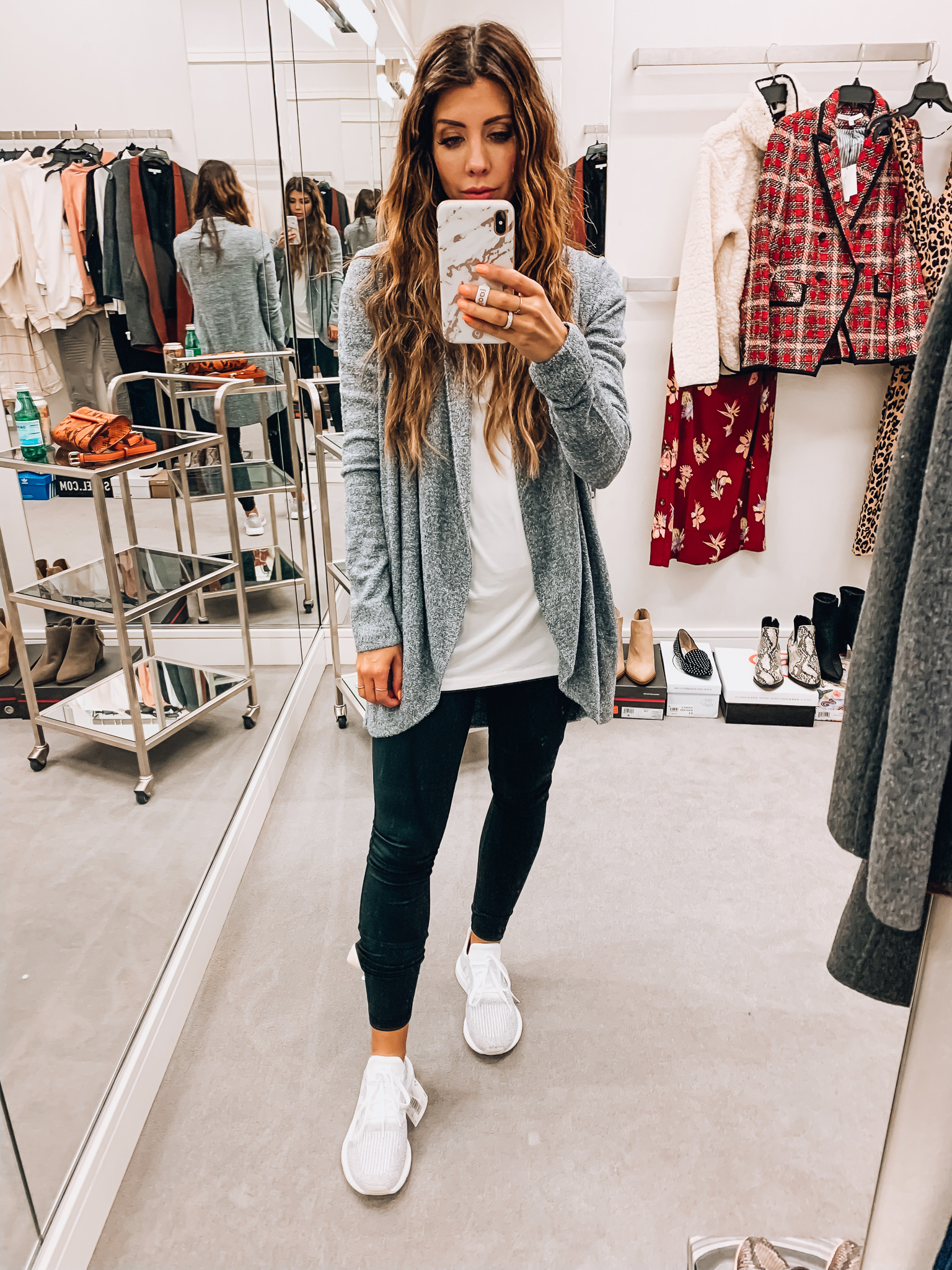 Nordstrom Anniversary Sale Early Access! by popular San Francisco fashion blog, The Girl in the Yellow Dress: image of a woman standing inside a Nordstrom dressing room wearing Adidas Swift Run Sneaker, Zella Live In High Waist Leggings, BP. V-Neck Tee, and Barefoot Dreams CozyChic Lite® Circle Cardigan