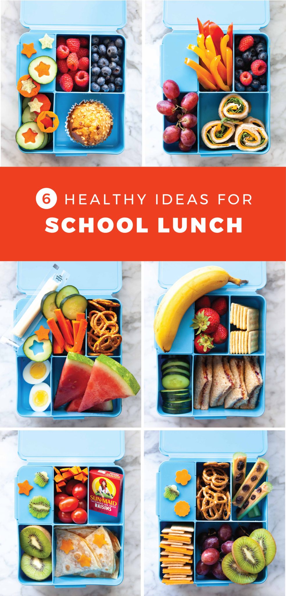 Easy Back to School Lunch Ideas! by popular San Francisco lifestyle blog, The Girl in the Yellow Dress: collage image of Pottery Barn Kids Spencer Bento Box Containers with pieces of fruit and cheese slices cut into fun shapes with LENK Vegetable Cutter Shapes Set and other various food items in each compartment.