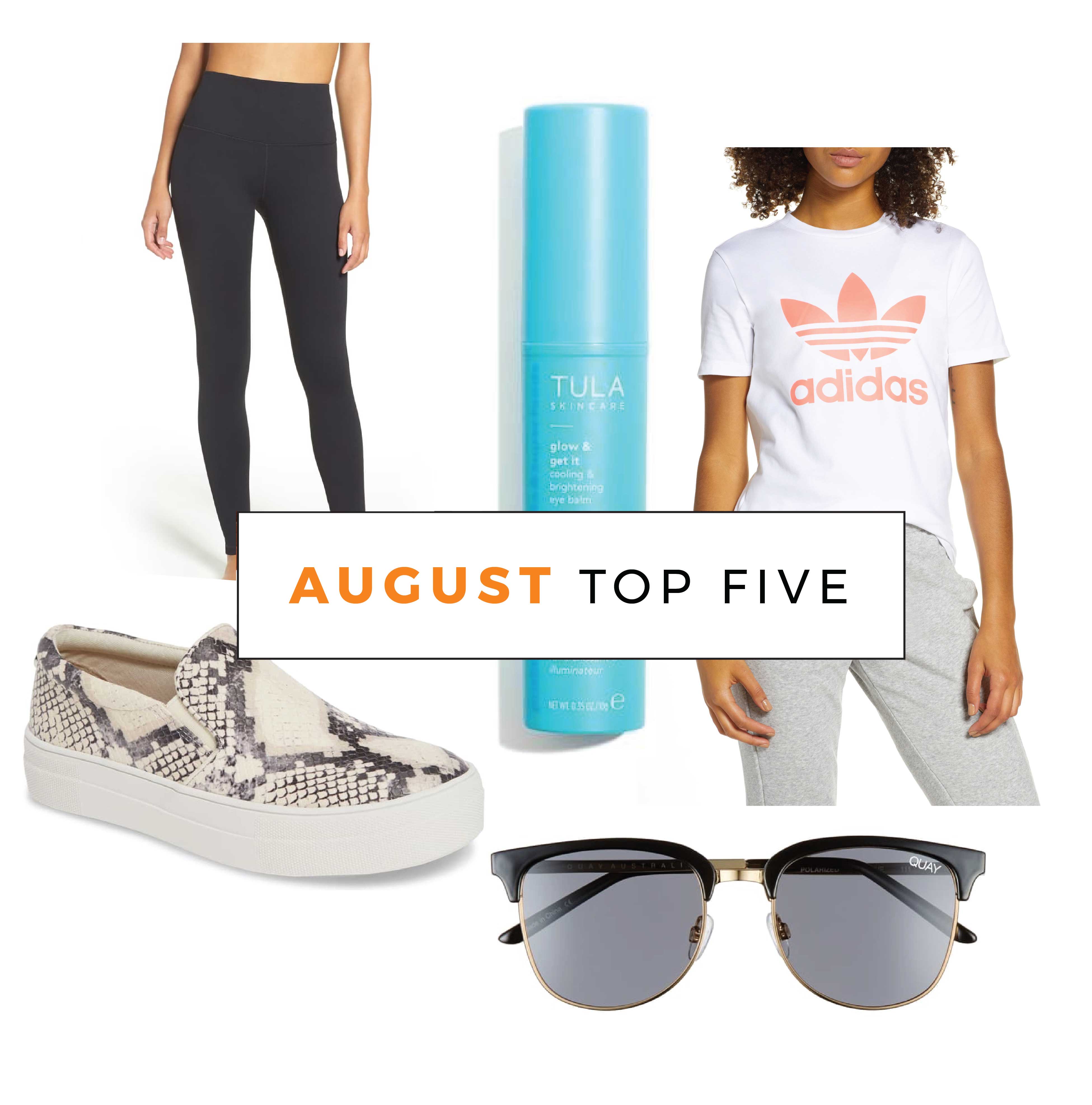 August Best Sellers by popular San Francisco fashion blog, The Girl in the Yellow Dress: image of Zella Live In High Waist Leggings, Steve Madden Gills Platform Slip-On Sneaker, Tula glow & get it cooling & brightening eye balm, Quay Australia Evasive 53mm Polarized Sunglasses, and Adidas Trefoil Tee.