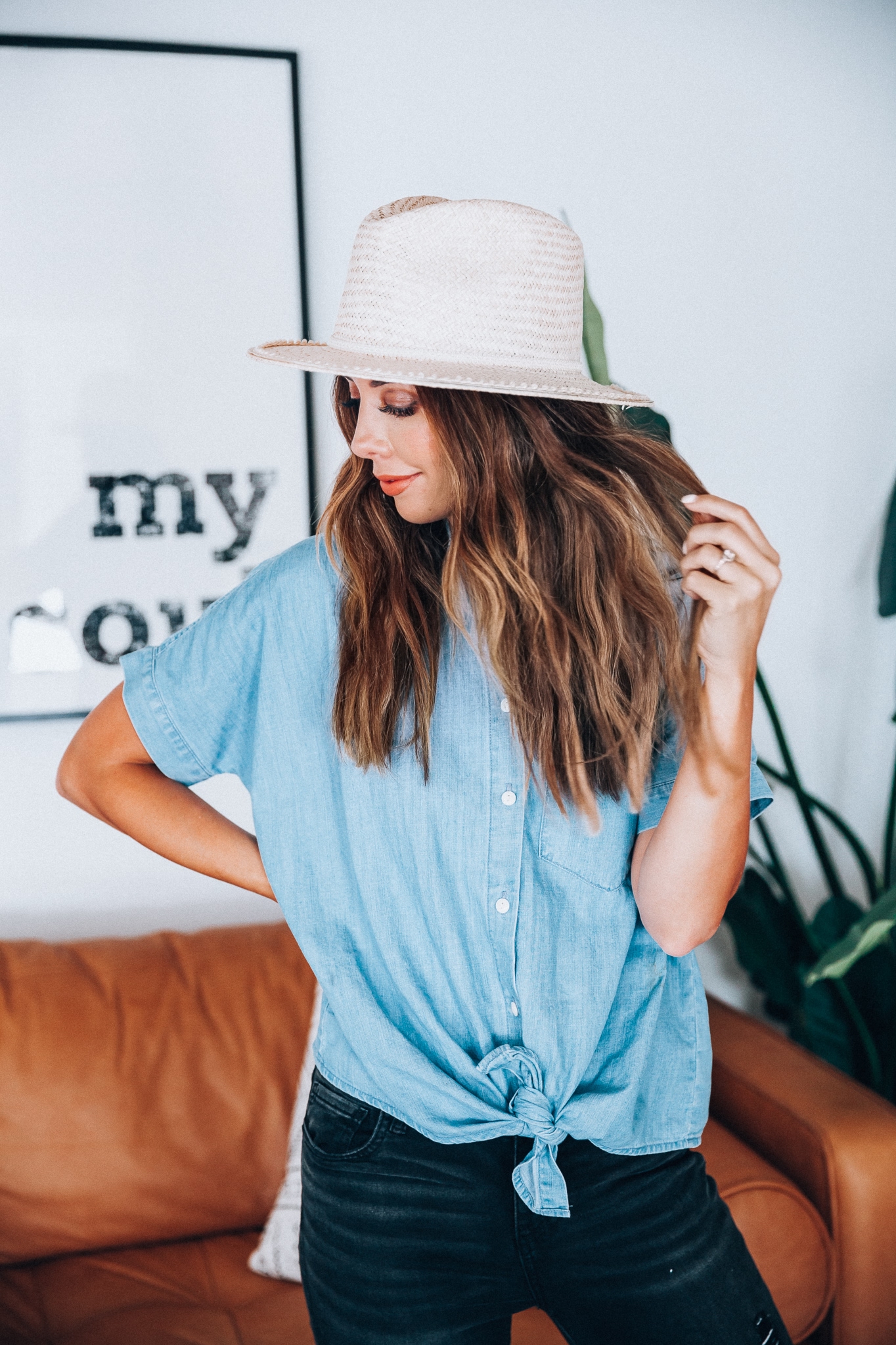 Go-To Fall Hats by popular San Francisco fashion blog, The Girl in the Yellow Dress: image of a woman wearing a Brixton Lera II Straw Fedora.