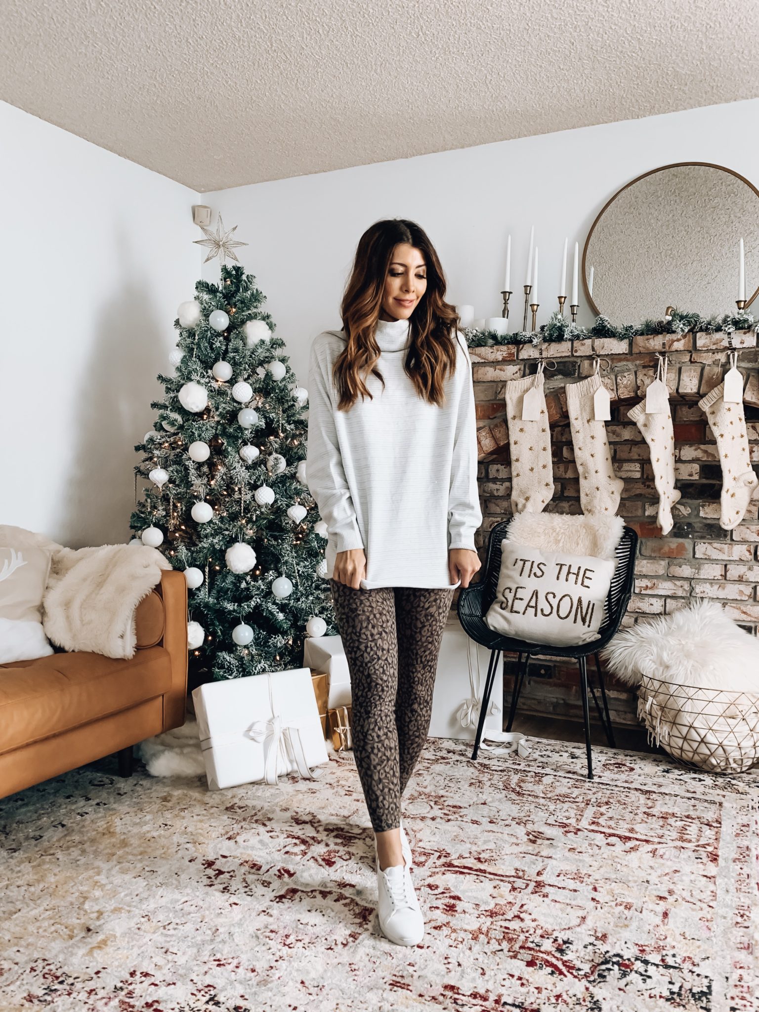 TRENDSEND BY EVEREVE by popular San Francisco fashion blog, The Girl in the Yellow Dress: image of a woman a Evereve Rag Poets Aja Sweater, Evereve Spanx Mini Leopard Essential Seamless Legging, and Evereve P448 Glitter Lace Up Sneaker.