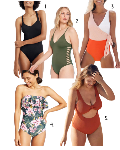 Swimsuits for Moms by popular San Francisco fashion blog, The Girl in the Yellow Dress: collage image of various one-piece swimsuits. 