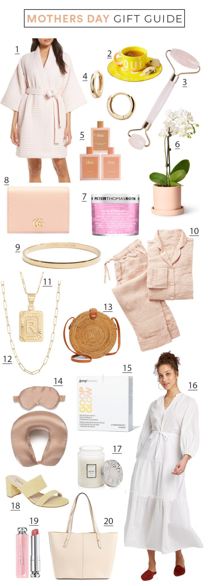 Mother's Day Gift Ideas by popular San Francisco life and style blog, The Girl in the Yellow Dress: collage image of a rose quartz face roller, gold hoop earrings, white orchid plant, gold bracelet, modern waffle robe, Oui mug, Dae hair products, Gucci fold wallet, Rose stem cell mask, linen pajamas, initial pendant, paper clip necklace, rattan purse, silk neck pillow and eye cover, glow peel, white tiered dress, Voluspa candle, block heel slide sandal, lip glow, and blush pink tote. 