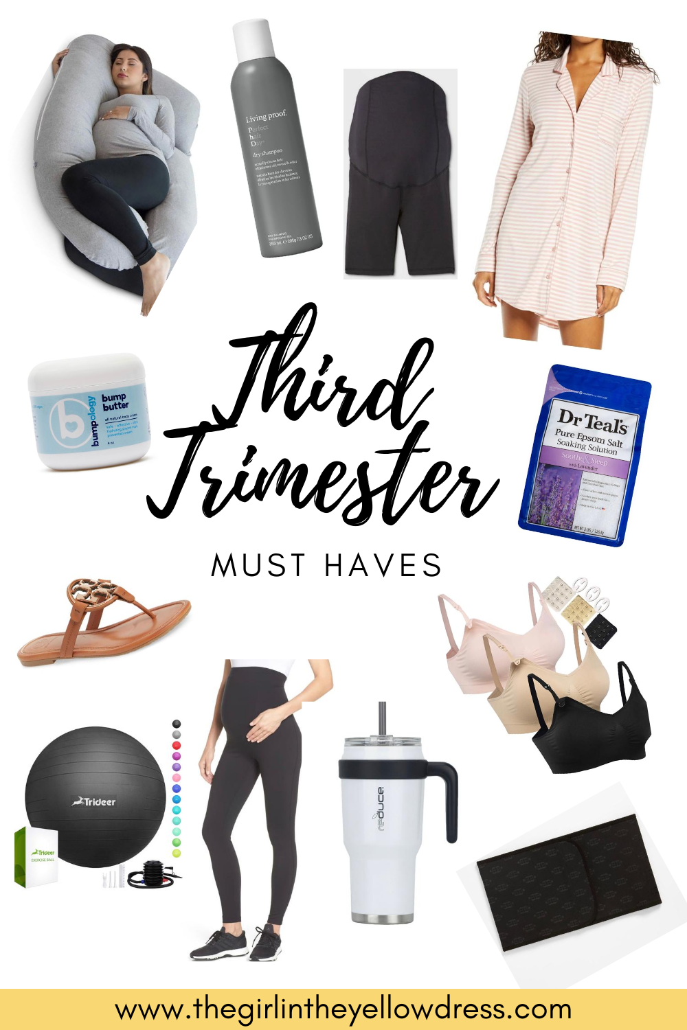 A collage of the 12 must have products that will help get you through your third trimester of pregnancy. www.thegirlintheyellowdress.com