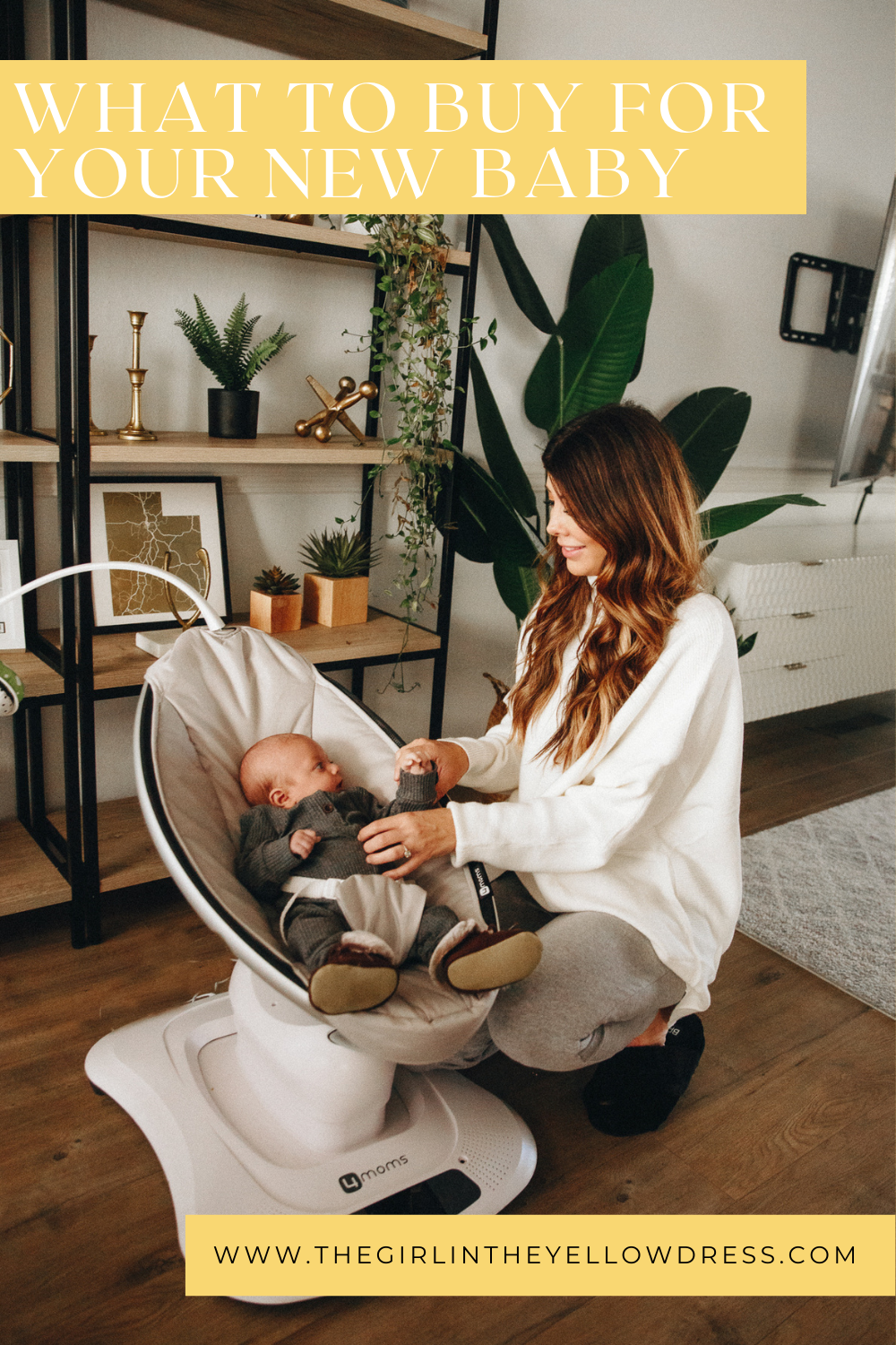 baby swing, baby infant and mom kneeling next to him. www.thegirlintheyellowdress.com